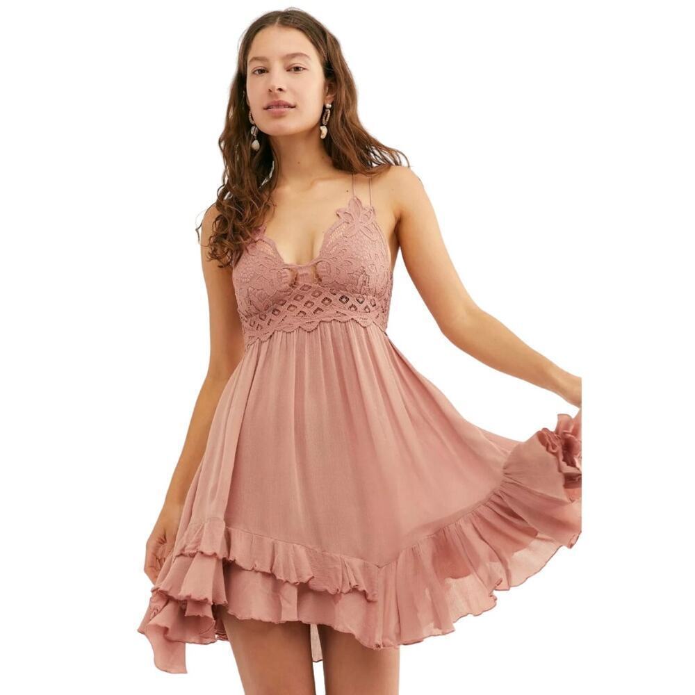 FREE PEOPLE ADELLA LACE CROCHET SLIP MINI DRESS IN ROSE NWT WOMEN'S SIZE SMALL‎